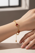 Woman model wearing red clover bracelet